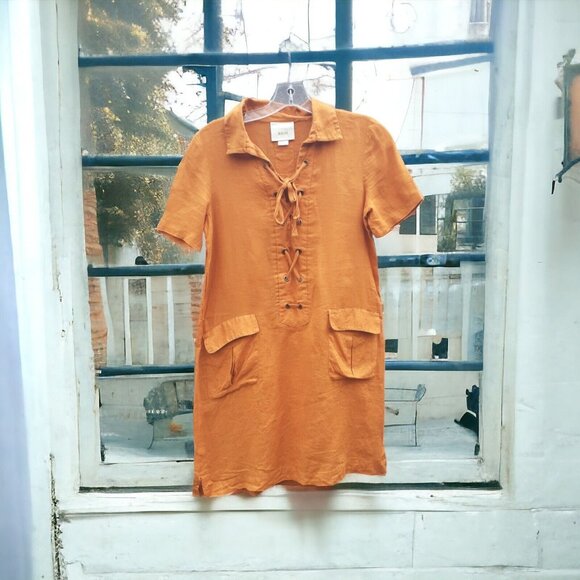 Anthropologie Maeve Dress 100% Linen Lace Up Front Pockets Size 0 Fall - Picture 12 of 16